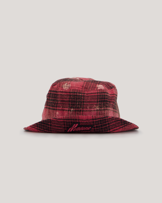 WE11DONE RED BLEACH WASHED CHECK HAT